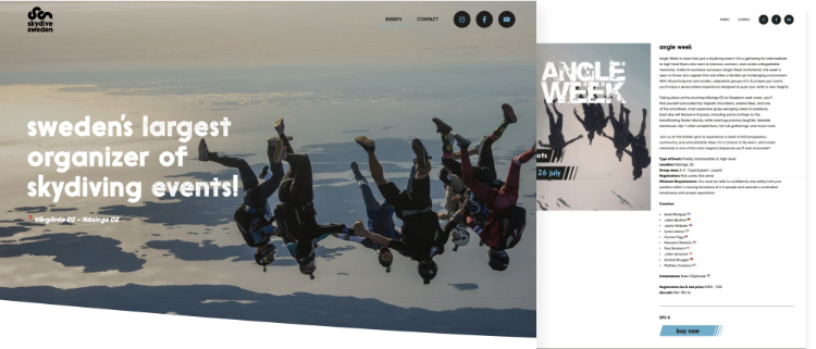 Screenshot af Skydive Sweden's startside